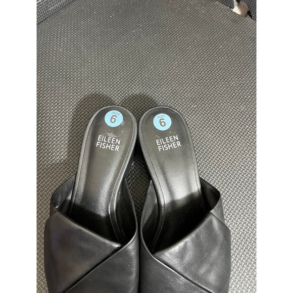Eileen Fisher Ruche Black Leather Slide Sandals Mules Size 6‎ Open Toe Low Heel - Picture 3 of 8